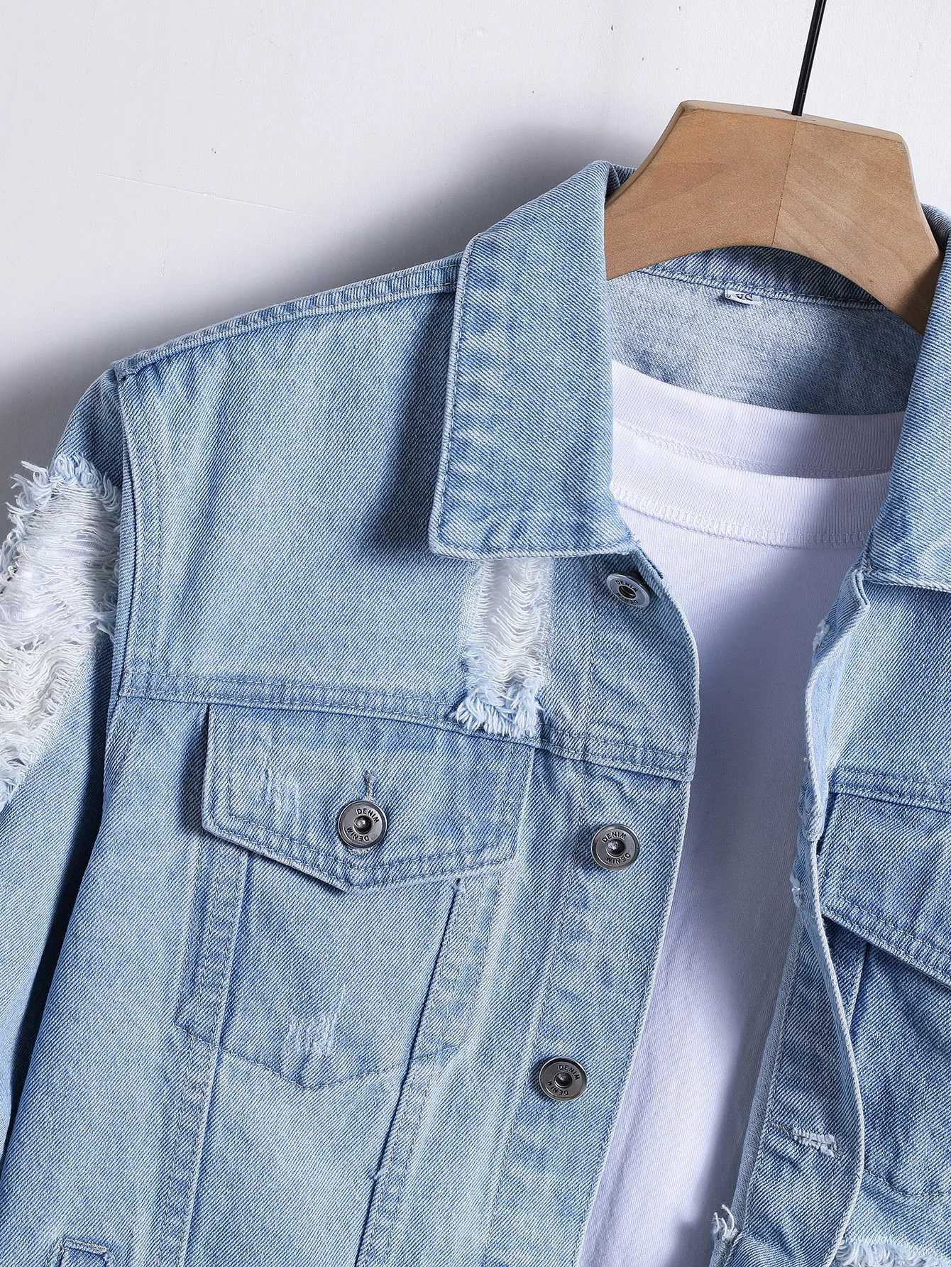 Mens denim jacket for spring and autumn Light blue ripped denim jacket Street trend style Daily casual M260309