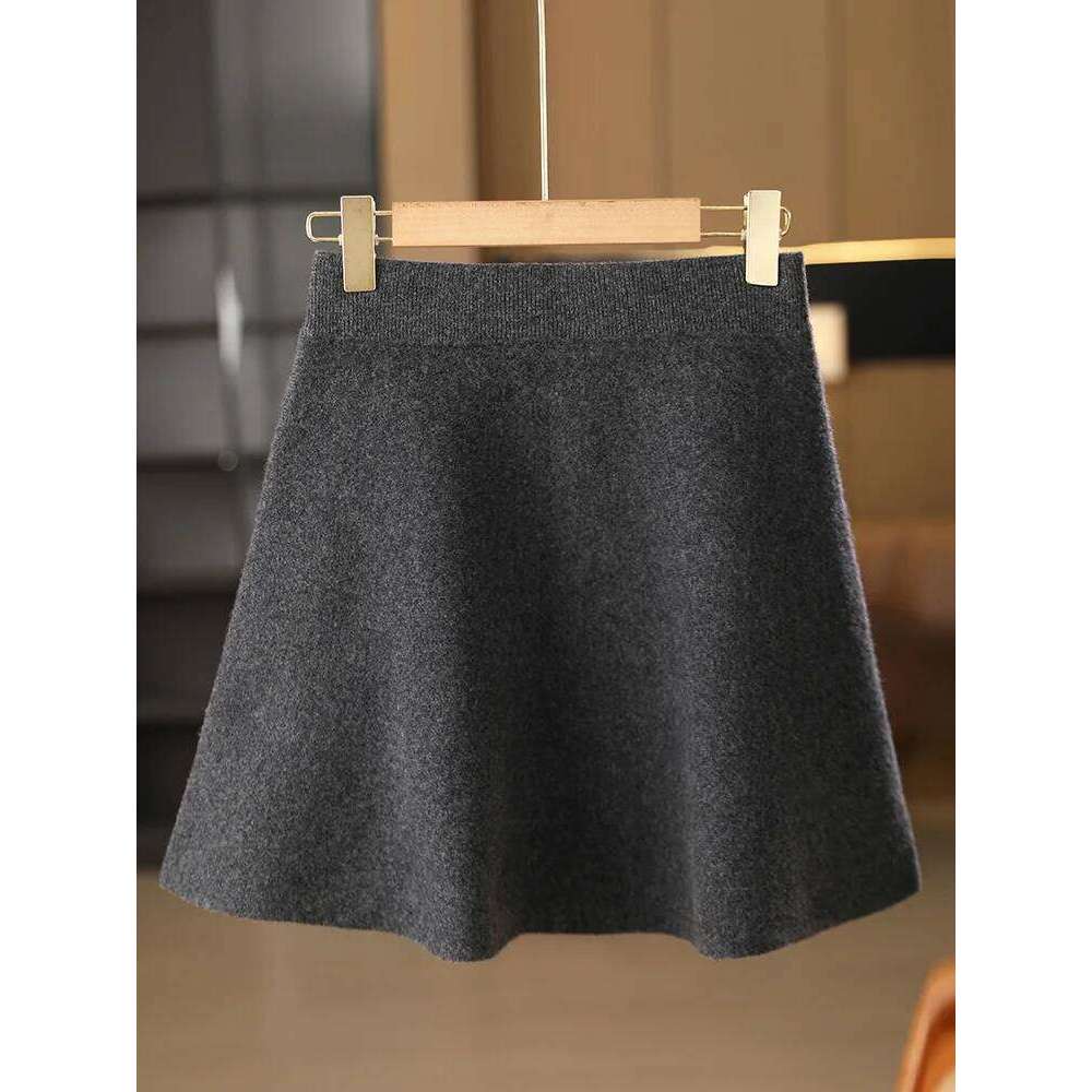 Women's Autumn Winter Elastic Waist Mini A-Line Cashmere Skirt 100% Merino Wool Knitted Above Knee Preppy Style Dress XJ260309