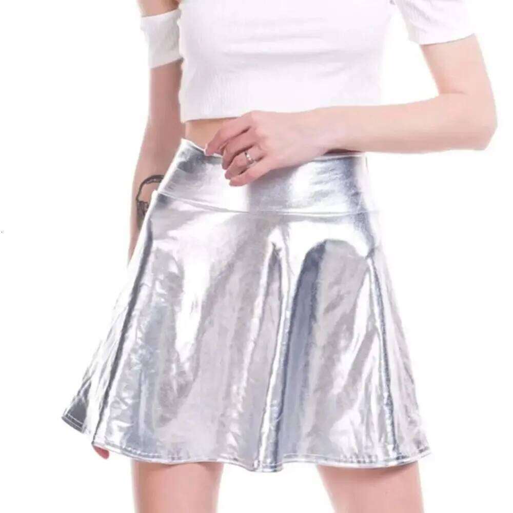 Elegant Metallic Pleated Gold Silver Flared Design Shiny Dress Retro Elastic Girls Short Mini Skirt Party Wear XJ260309