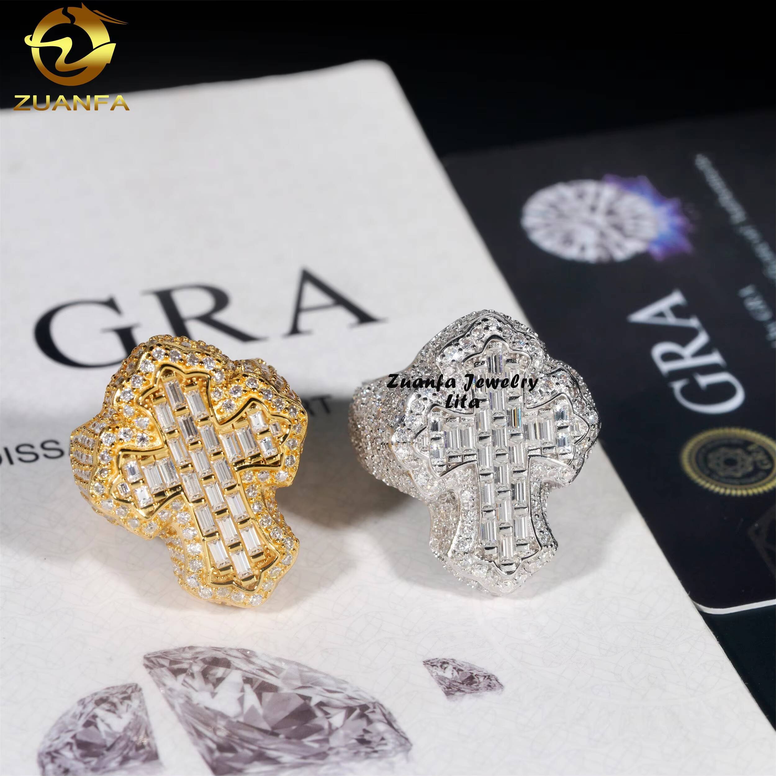 Wholesale Price Top Quality Iced Out Jewelry 925 Sterling Silver Mens Hip Hop Moissanite Cross Ring