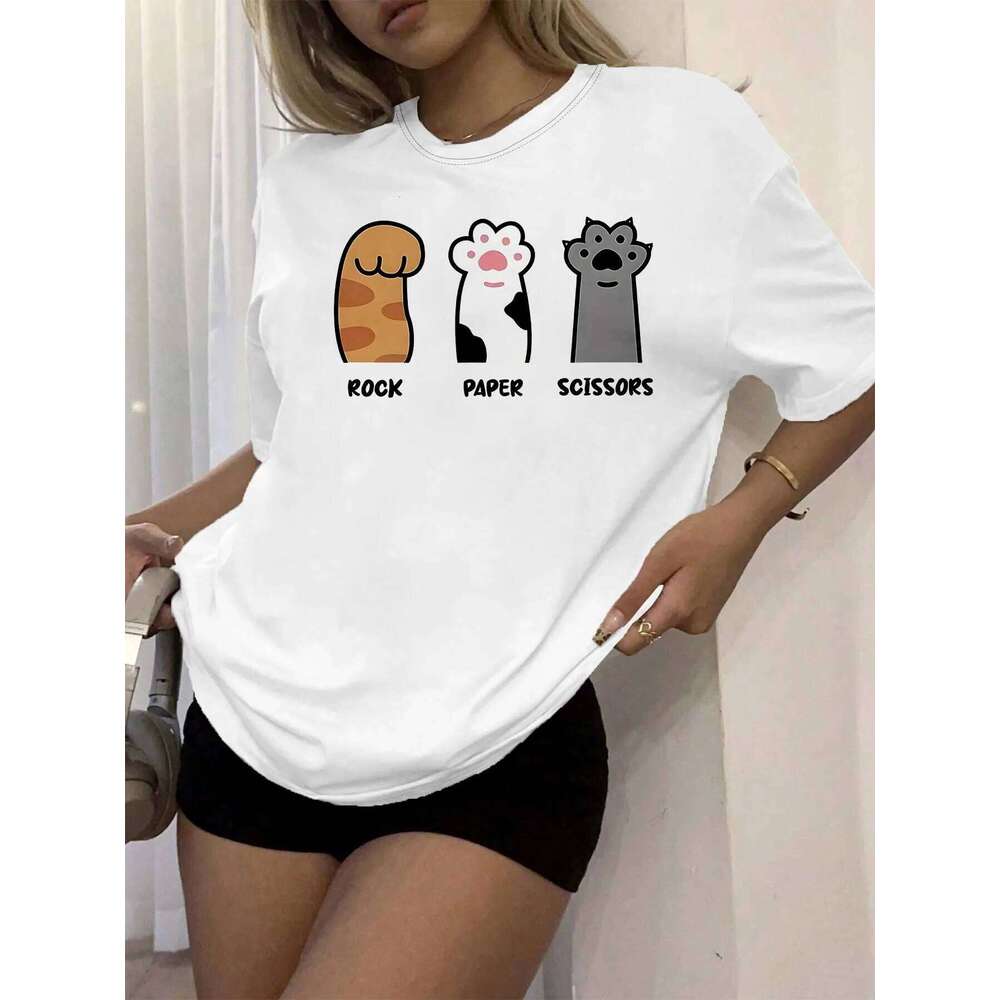 Women's Casual Short-sleeved Top Printed with Rock-paper-scissors and Cat Paw Patterns.women Clothing Fashion Summer Streetwear XJ260306