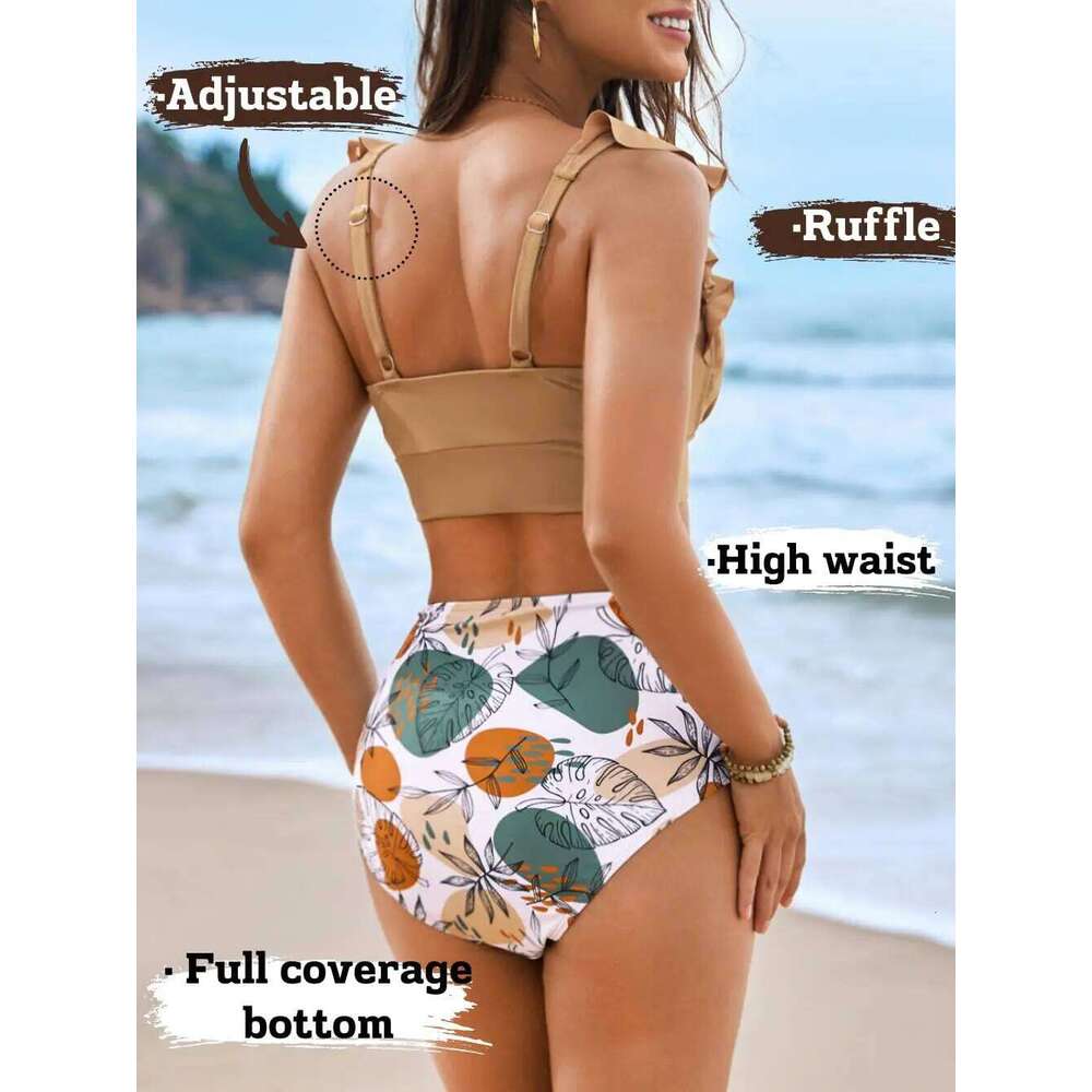 Women 2 Piece High Waisted Bikini Set, Floral Ruffle Tummy Control Swimsuit, Ruched Modest Full Coverage Bathing Suit XJ260206