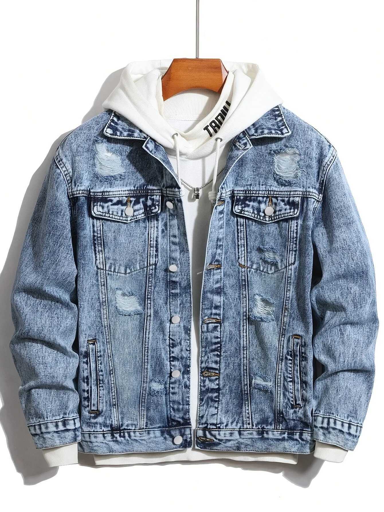 1PC Mens Four Seasons Explosion Destruction Washed Wash Print Light Jacket Everyday American Street Casual Denim Jacket M260309