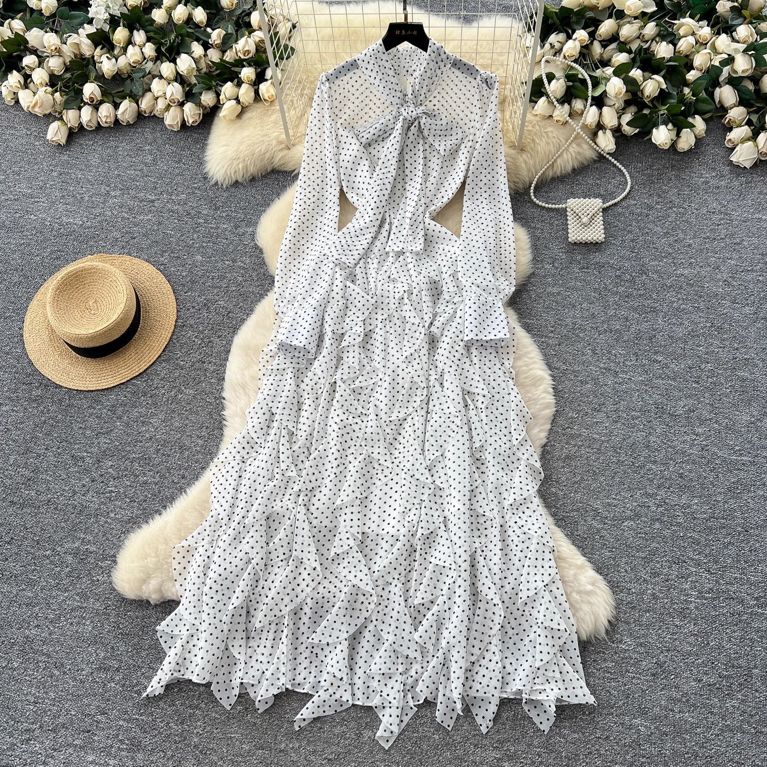 Light Mature Style Niche Bow Tie Long Sleeve Polka Dot Dress For Women Autumn Irregular Ruffle Long Dress