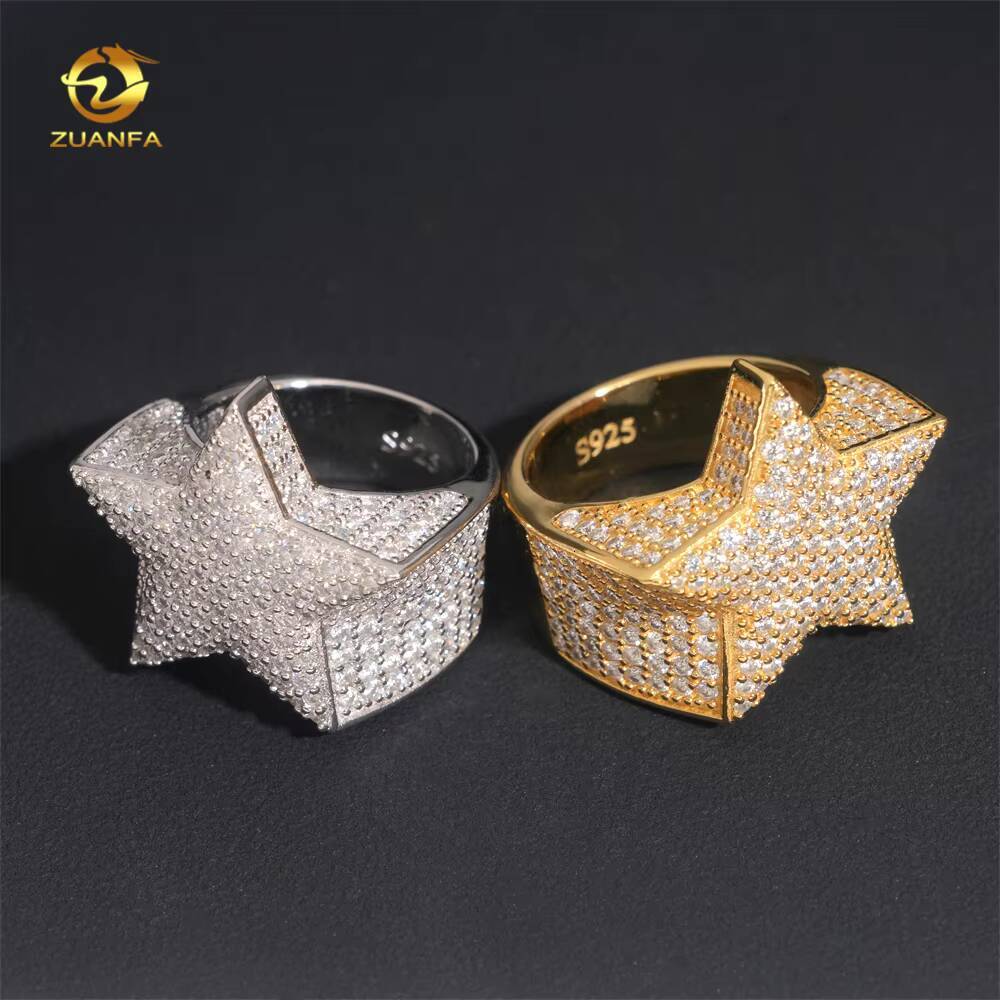 Hot Sale Instock Iced Out Star Shape Moissanite Diamond Men Rings 925 silver Hip Hop Ring Pass Tester Men Cuban Ring