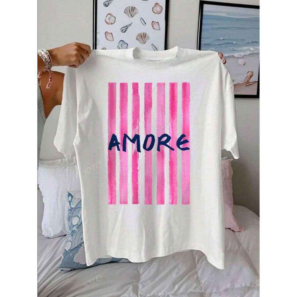 AMORE Striped Art Pattern Summer Outfits Women Casual Round Neck Short Sleeve Female T-Shirt Tops XJ260306