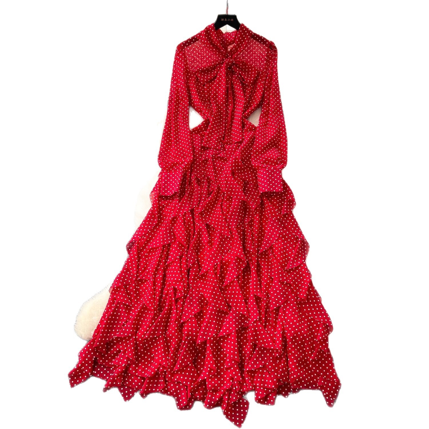 Light Mature Style Niche Bow Tie Long Sleeve Polka Dot Dress For Women Autumn Irregular Ruffle Long Dress