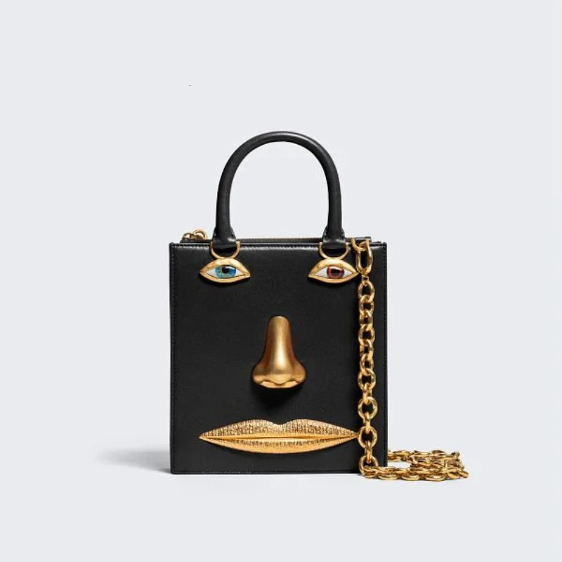 Mini Face Bag Women High Quality Black Leather s Handbag Jewelry Eyes Goldtone Metal Shoulder Strap Crossbody Bags 260306