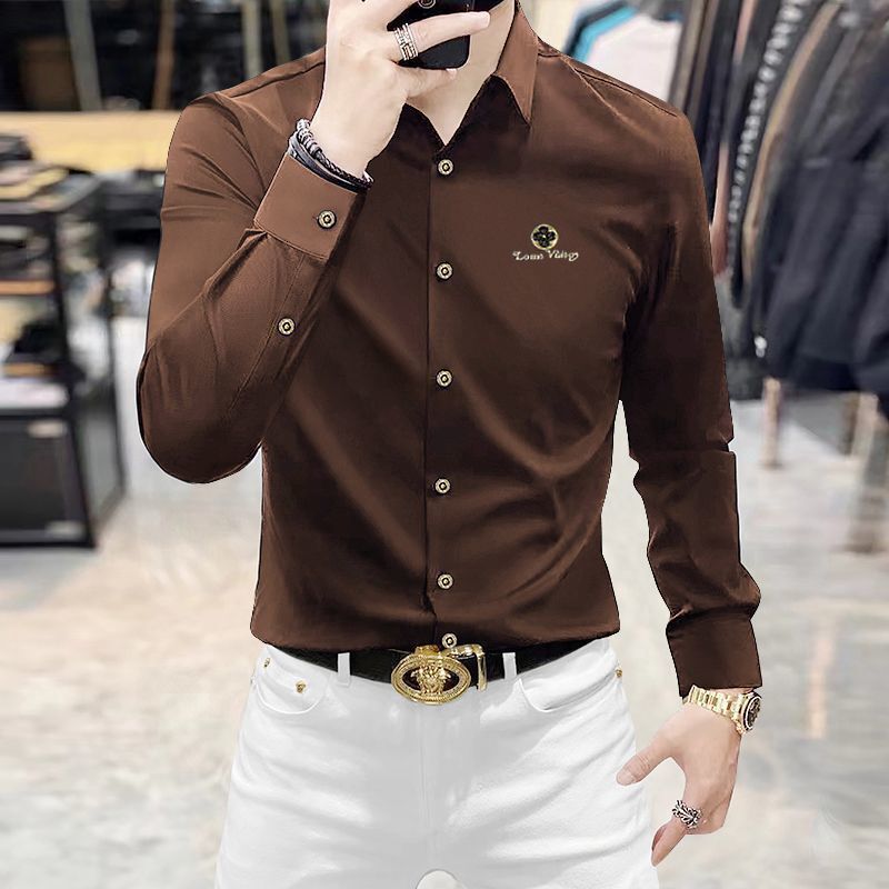 Luxury Brand Designer Clothes High-End New Anti-Wrinkle Trendy Brand Men's Long-Sleeve Slim-Fit Business Casual Seamless Shirt