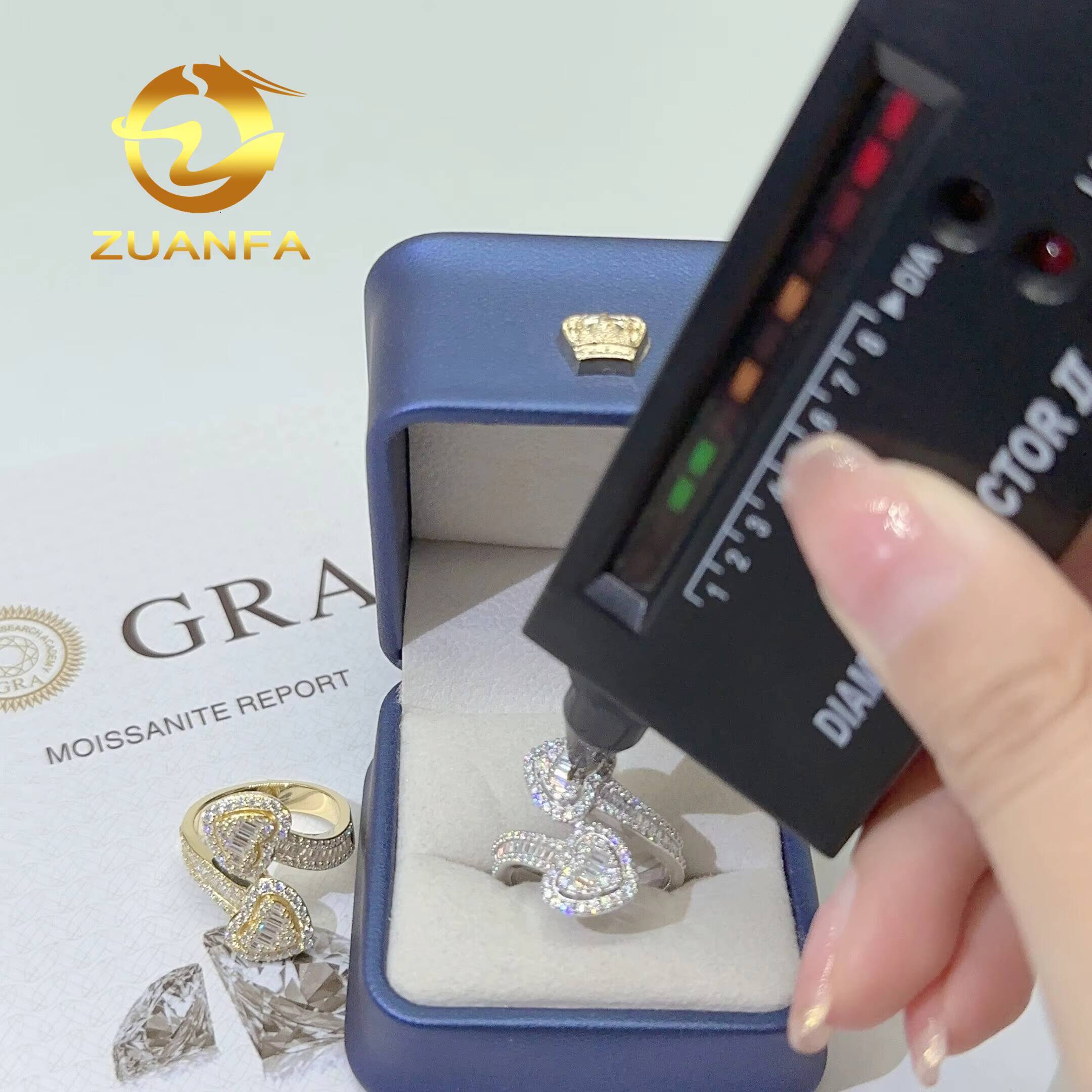 Fashion Jewelry baguette Cut Heart VVS Moissanite 925 Silver Curved Band Luxury Hiphop Ring