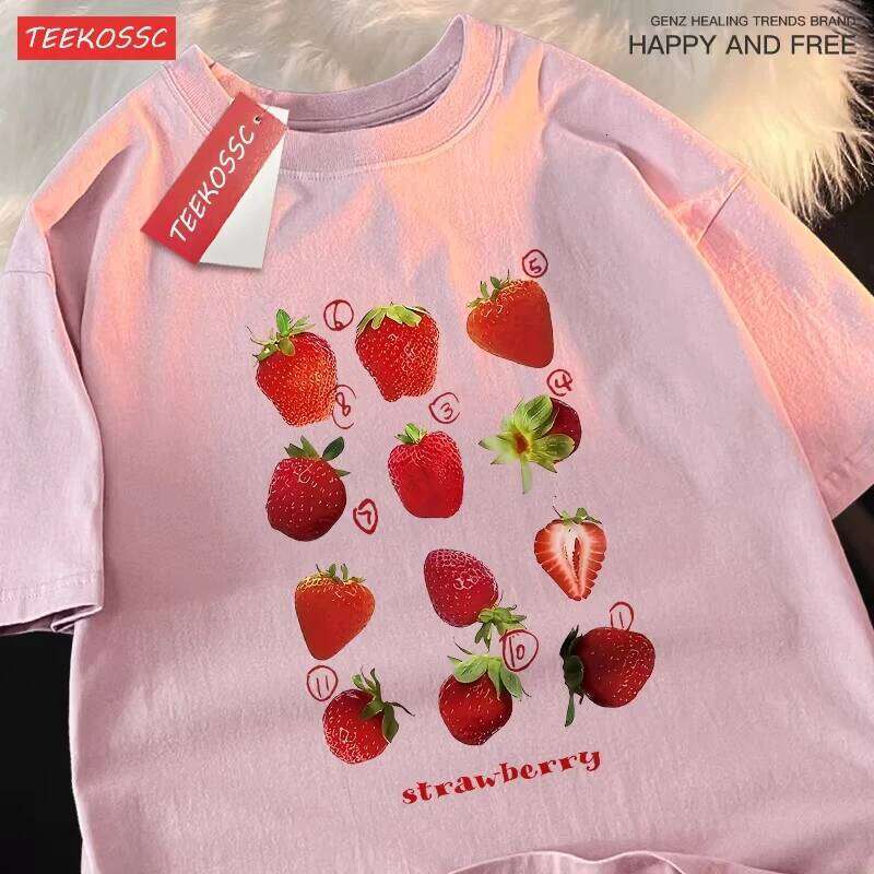 12 Types Strawberry Printing Men Women 100% T Shirts Summer Fashion Harajuku Loose Cotton Couple Round Neck T-shirt XJ260306