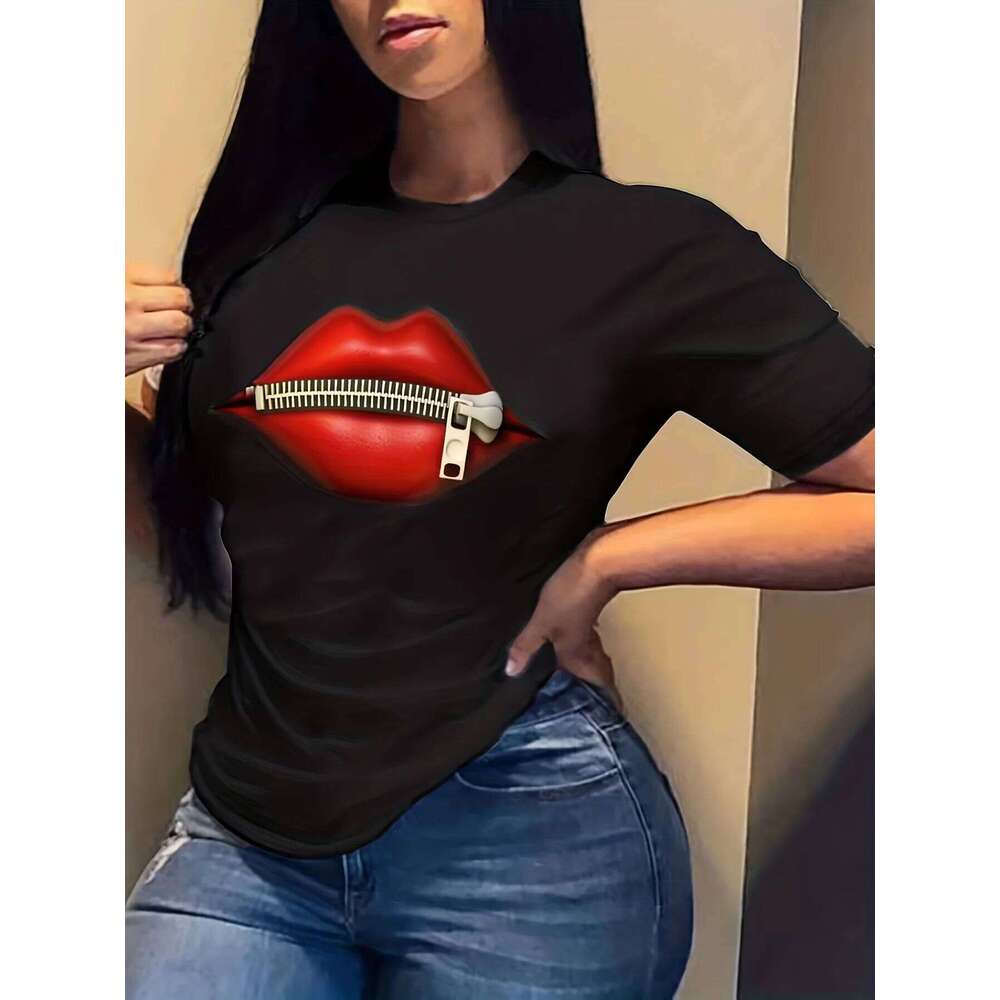 Zipper Lips Print Crew Neck Short Sleeve T-Shirt, Casual Every Day Tops, Women's Clothing XJ260306