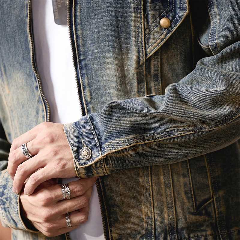 Men Heavy Industry Washed Denim Rivet Vintage Fashion Stand Collar Motorcycle Jacket Man Streetwear Runk Hip Hop Jeans Coat M260309