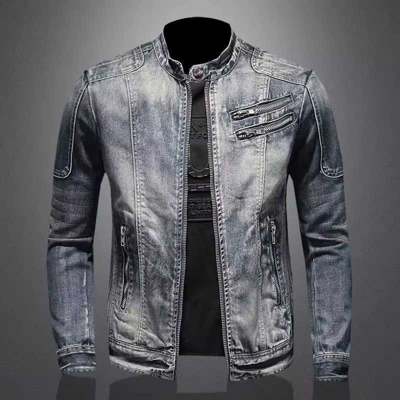 Denim Jackets Men Casual Stand Collar Moto Biker Outerwear Coats Mens Fashion Zippers Motorcycle Streetwear Jacket Male Clothes M260309