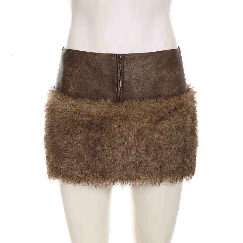 Vintage Patchwork Pu Leather Furry Skirt 2024 Winter Fashion Slim Mid-Waisted Mini Skirts Women Streetwear Lady XJ260309