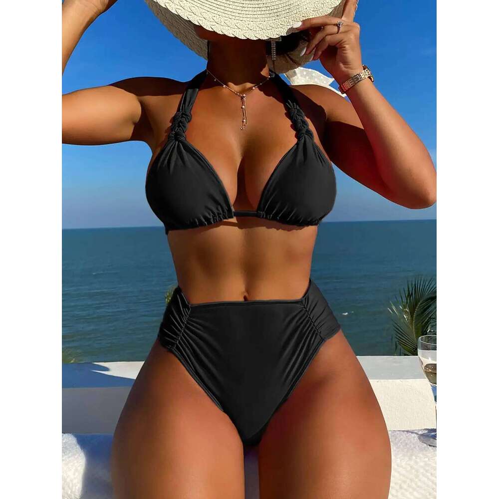 2024 Sexy Bikinis Women Brown Halter Brazilian Swimsuit Female Pleated Bikini Set Black Push Up Swimwear Beach Wear Bathing Suit XJ260206