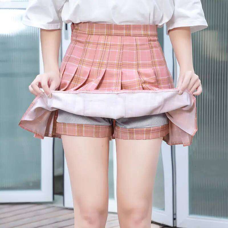 Pleated Skirts Checkered Women Clothing Summer Korean College Style School Girl Uniform High Waist A Line Mini Plaid Skirt Pants XJ260309