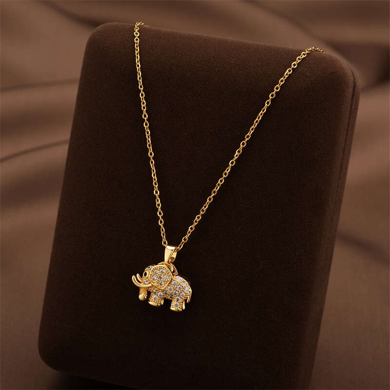 Micro-inlaid zircon elephant pendant titanium steel necklace for women, high-end versatile choker, light luxury niche fashion women's collarbone 
