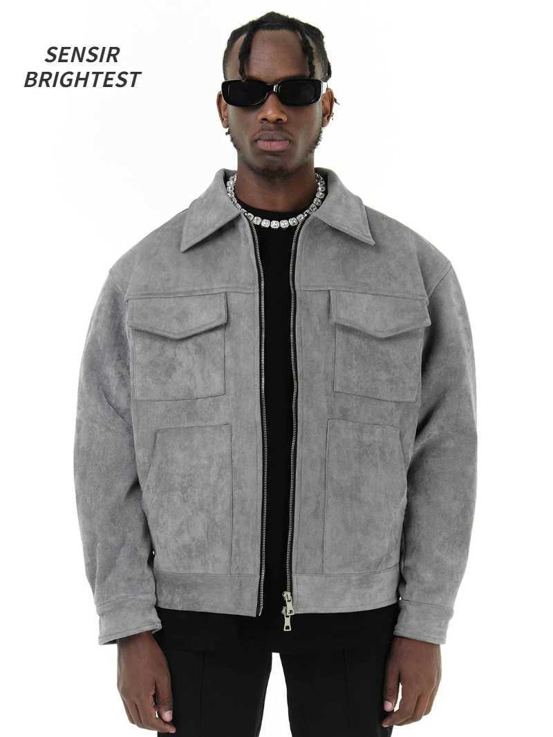 Autumn Jackets Oversize Casual Clothes High Street Pockets Laper Zipper Suede Thick Coat Mens Windbreaker Loose M260309