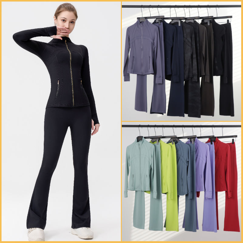 Flared leggings for women designer Stand Collar Jacket Gold Zipper Sports Set Coat Top Women's Fitness Yoga Wear 2 Piece Set Dance Studio Pants Yoga Jacket Workout Sets