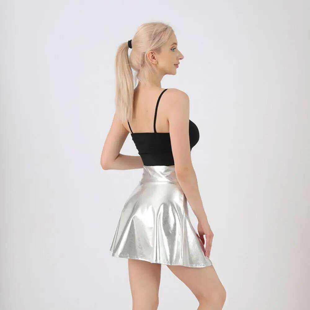 Elegant Metallic Pleated Gold Silver Flared Design A-line Solid Color Retro Girls Short Mini Skirt Clubwear XJ260309