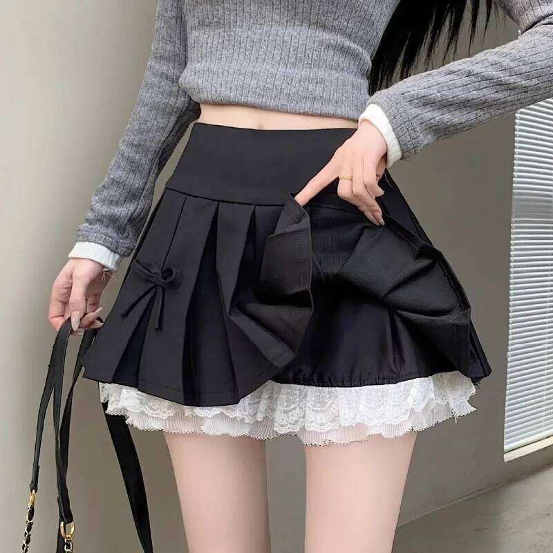 Korean Fashion Sweet High Waist College for Womenn Lace Preppy Bow Female A-line Pleated Skirt Y2k XJ260309