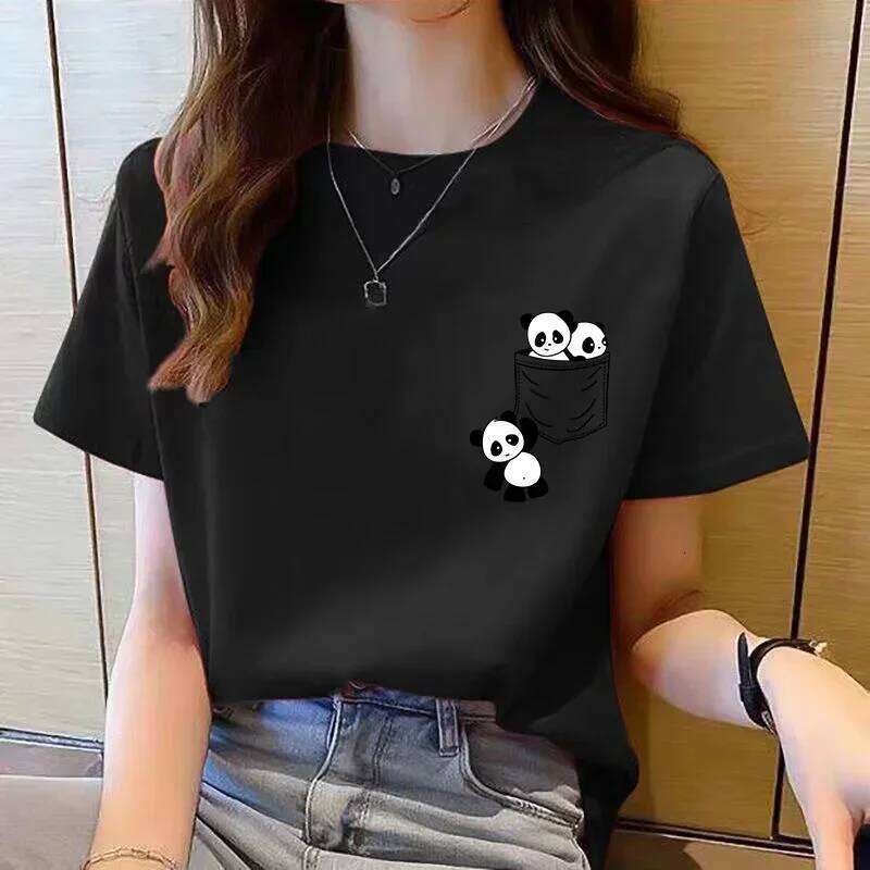 Short Sleeve Top Summer New Pocket Panda Cartoon Printed T-shirt Korean Fashion Tops Loose Round Neck T Shirt Women XJ260306