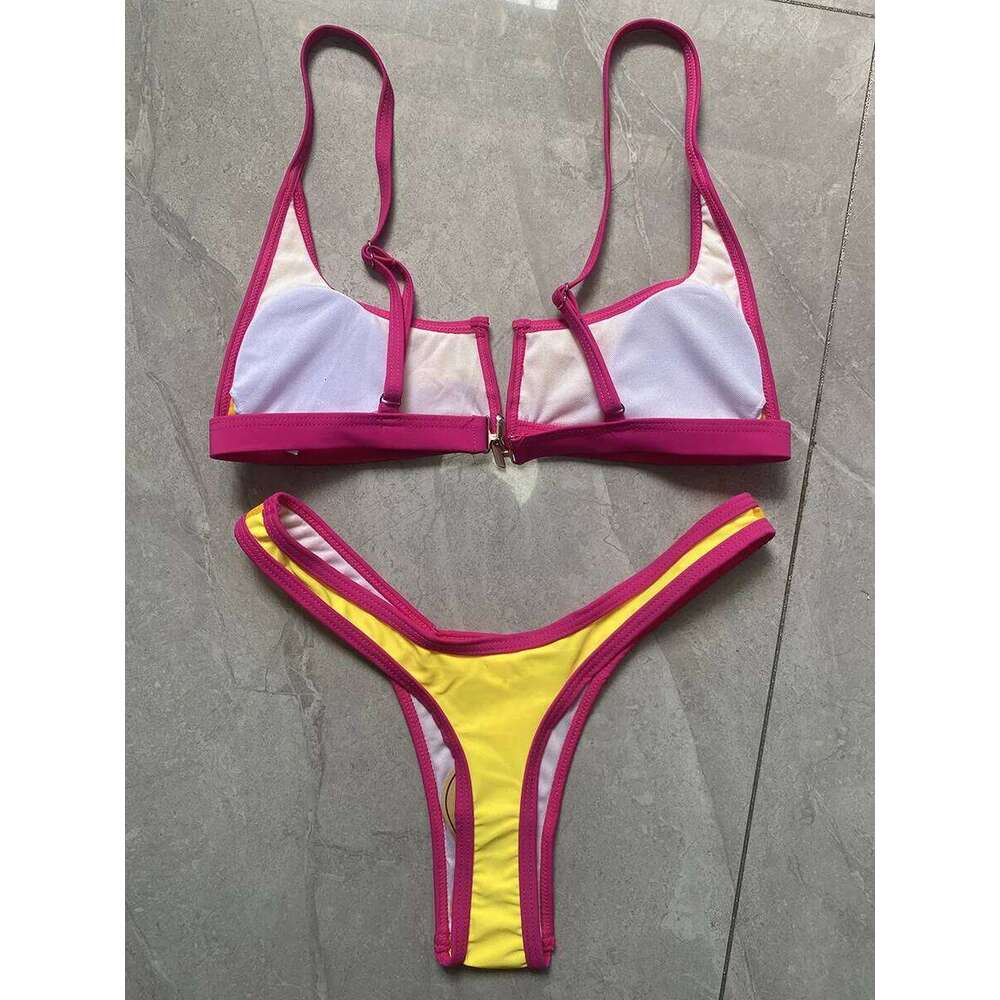 S - XL Splicing V Shaped Thong Women Swimsuit Female Swimwear Two Pieces Bikini Set Bather Push Up Bathing Suit Swim Lady XJ260206