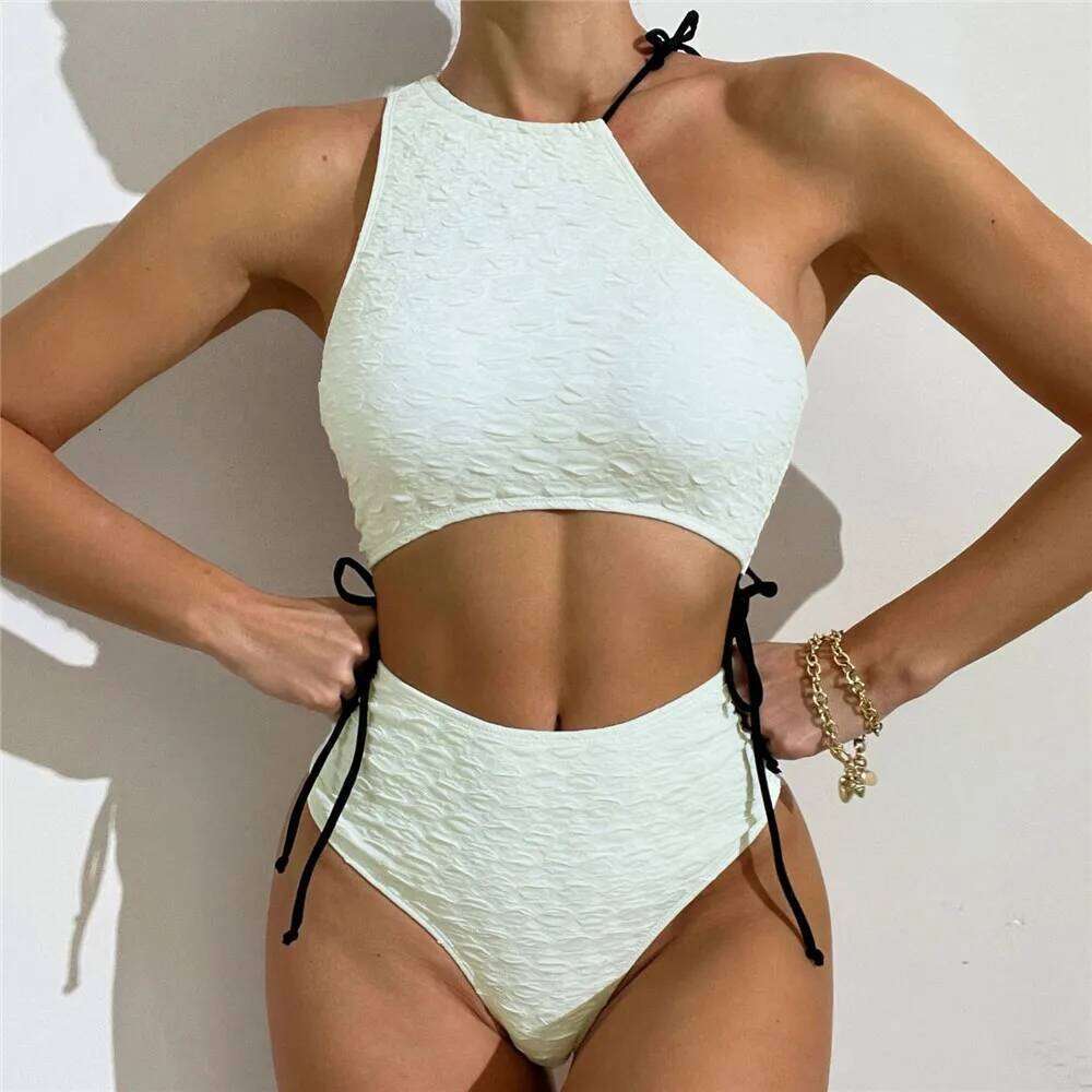 Sexy White High Waist Swimwear String Lace Up Bikinis Sets Woman 2025 Asymmetric Neck Swimsuits Bathing Suit Bikini Mujer Bather XJ260206