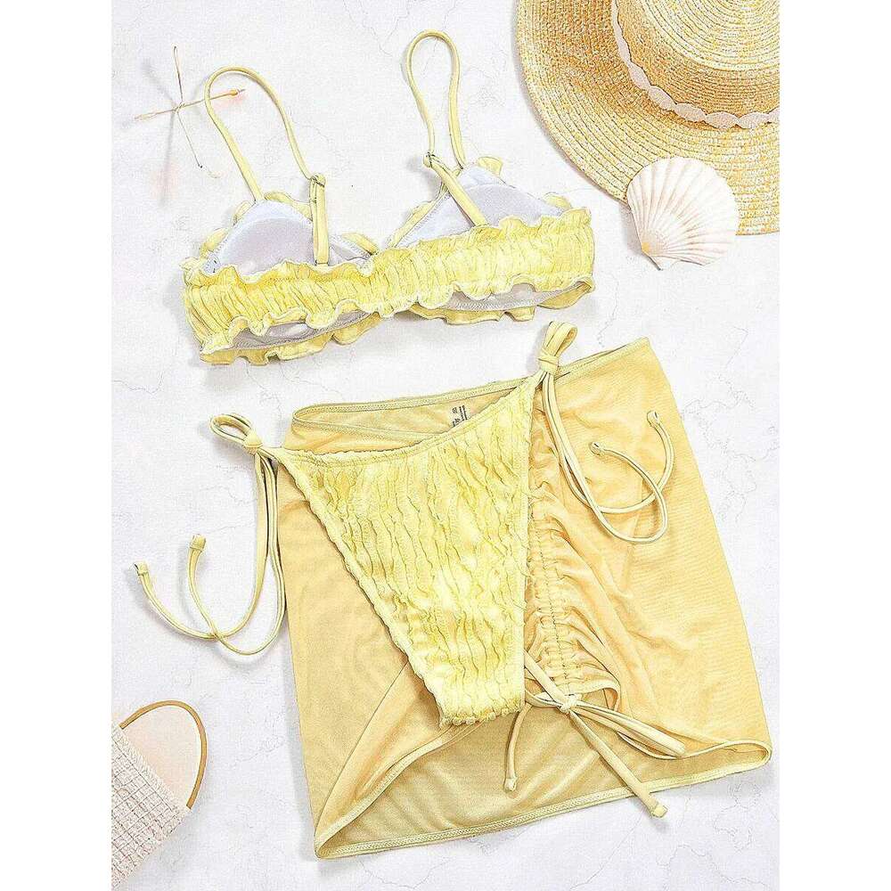 With Mesh Skirt Wrinkled Halter Ruffled Women Swimwear Female Swimsuit Three-piece Bikini Set Bathing Suit Swim Beachwear XJ260206