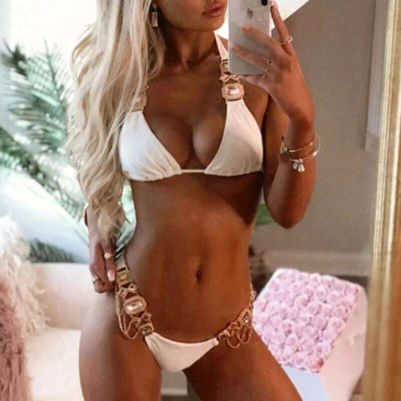 New Solid Color Swimsuit With Rhinestones Sexy Bikinis Swimwear Female Push Up Bikini Beach Swimming Bathing Suit Women Bather XJ260206