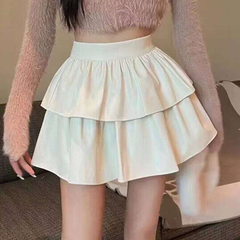 2023 Spring Summer White Black Leather Women Mini Female High Waist Pleated A-line Short Skirt Teenage Girl Skirts XJ260309
