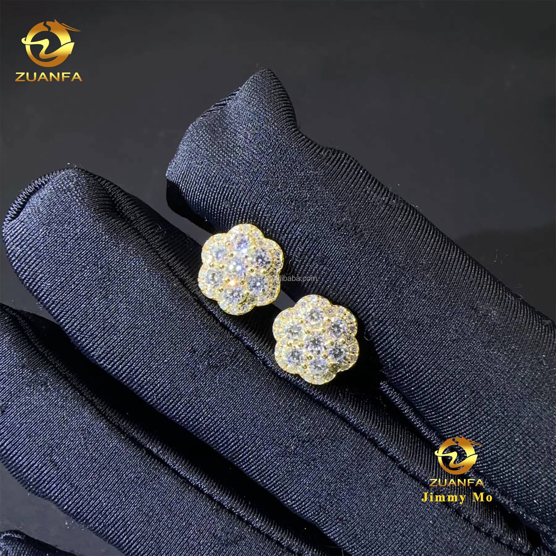 Pass Diamond Tester Drop Shipping Men Iced Out Hip Hop Sterling Silver 925 Screw Back Moissanite Flower Shape Cluster Earrings