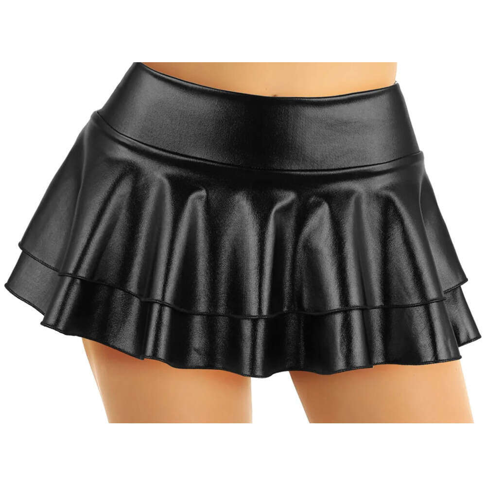 DPOIS Women Shiny Metallic Pleated Mini Skirt Adult Low Rise Elastic Skirts Ruffled Dance Costume Rave Carnival Festival Clothes XJ260309