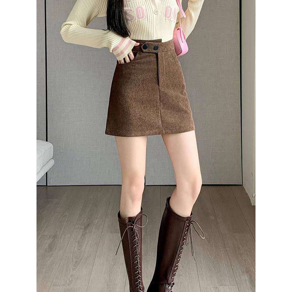 Khaki High Waisted Casual Corduroy Pencil Woman Autumn Winter Slim Hot Sweet Short A-line Skirt Female XJ260309