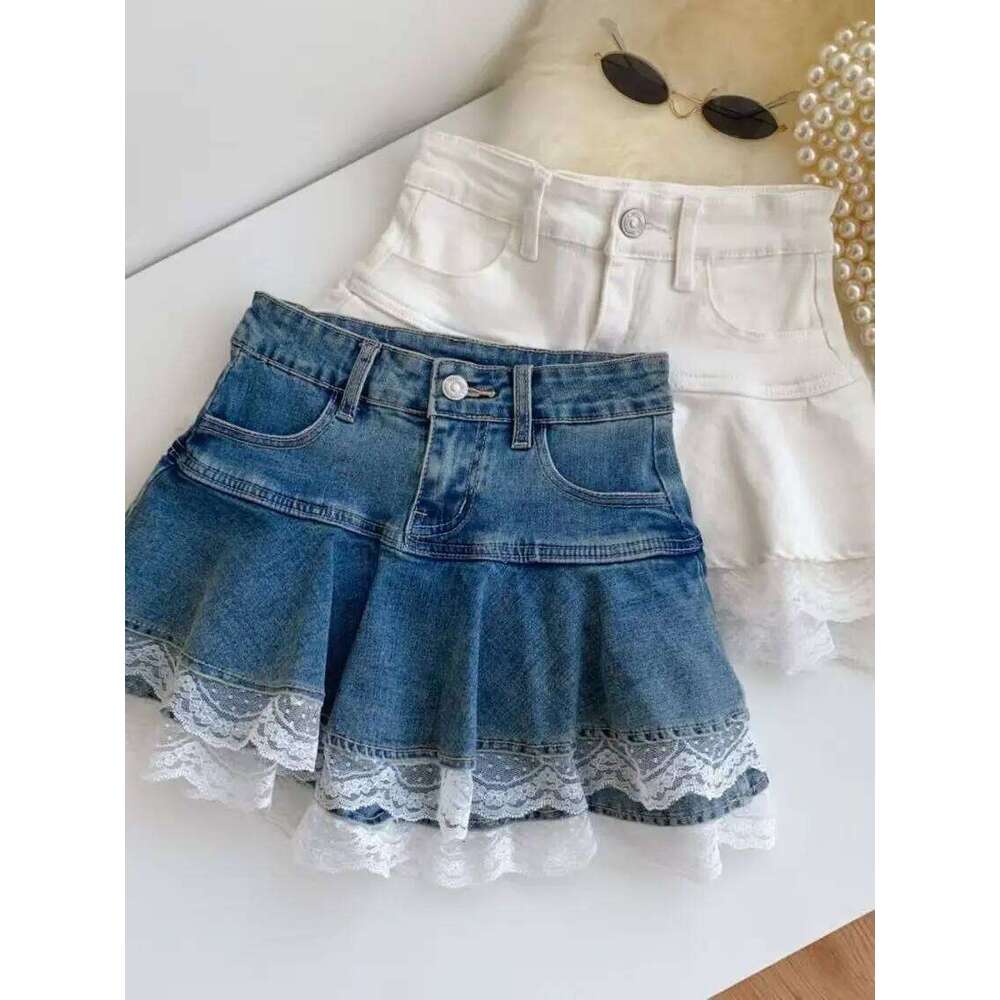 Women Fashion Streetwear Ruffles Kawaii Lace Skirts Shorts Preppy School Pleated Jeans 2025 Summer Mini Y2K Denim Skirt XJ260309