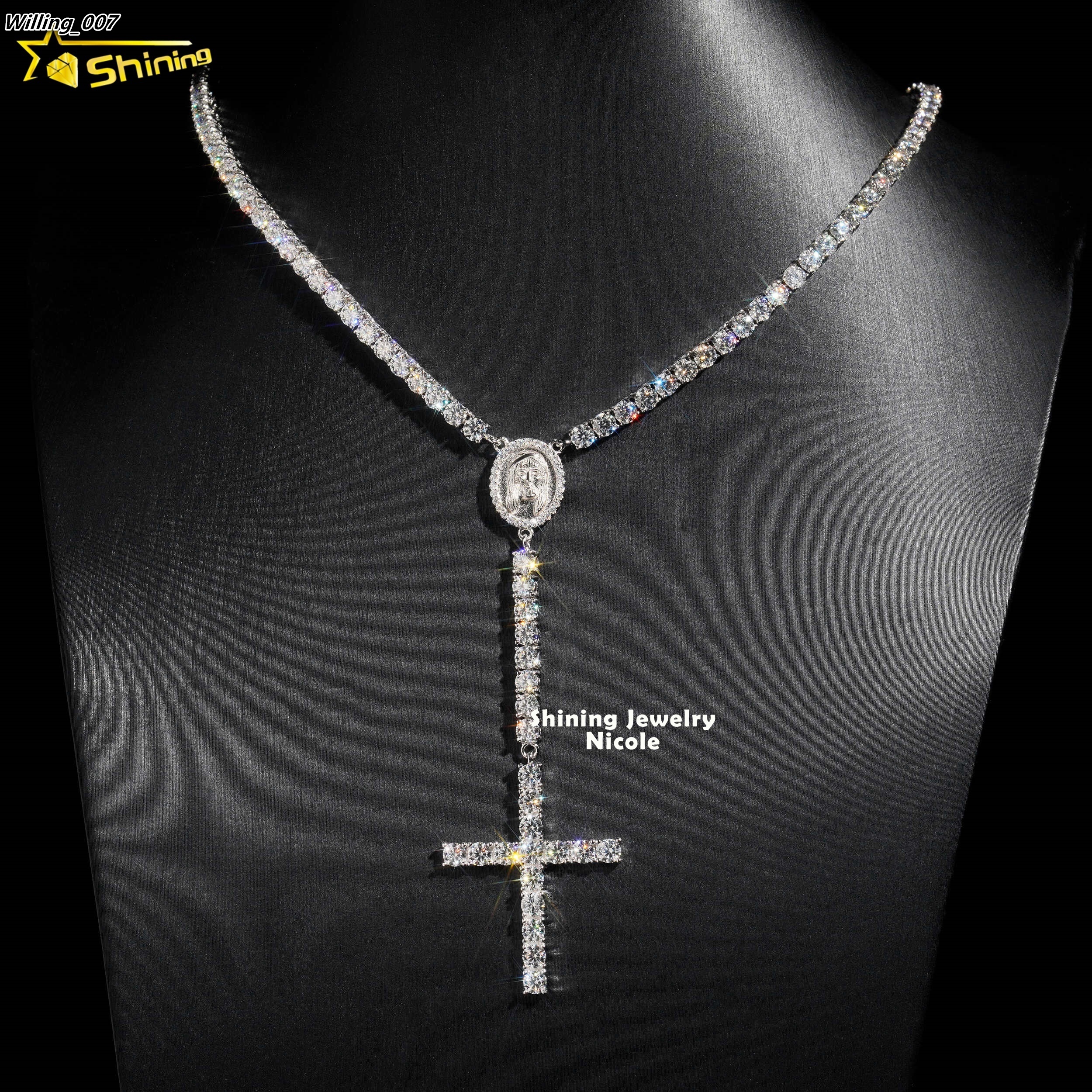 Hip Hop Fashion Trendy D VVS Moissanite Diamond 4MM Rosary Chain Cross Necklace 925 Silver Tennis Chain