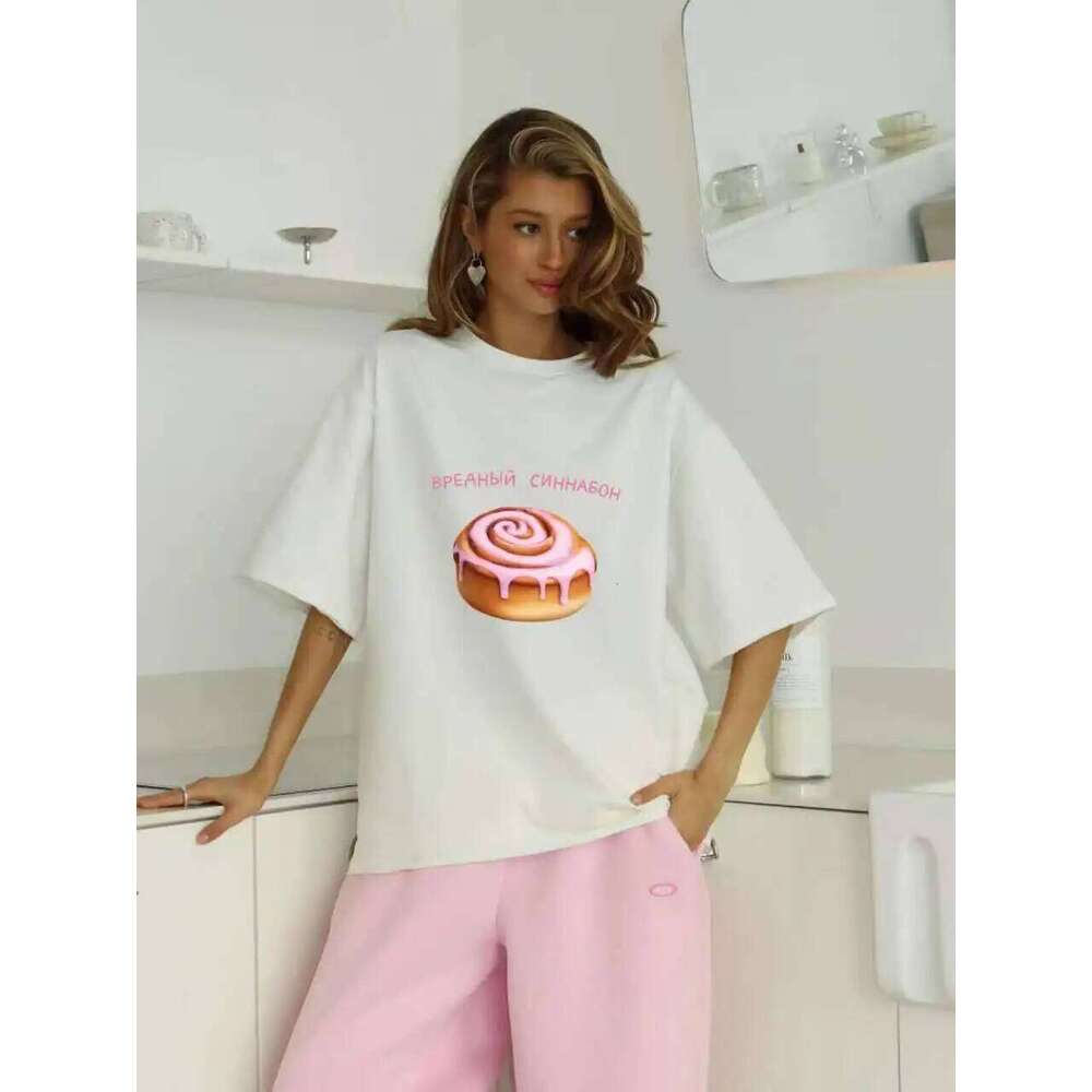 Sweet Cake Russian Letter Print Blue White Short Sleeve Women's T-shirt Vintage American Fashion 100% Cotton Summer Tshirt 2025 XJ260306
