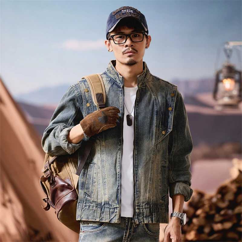 Men Heavy Industry Washed Denim Rivet Vintage Fashion Stand Collar Motorcycle Jacket Man Streetwear Runk Hip Hop Jeans Coat M260309
