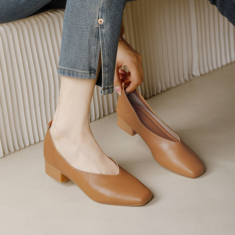 Meotina Women Genuine Leather Shoes Square Toe Flats Shollow Ladies Fashion Concise Career Shoes Spring Autumn Apricot 40 241209