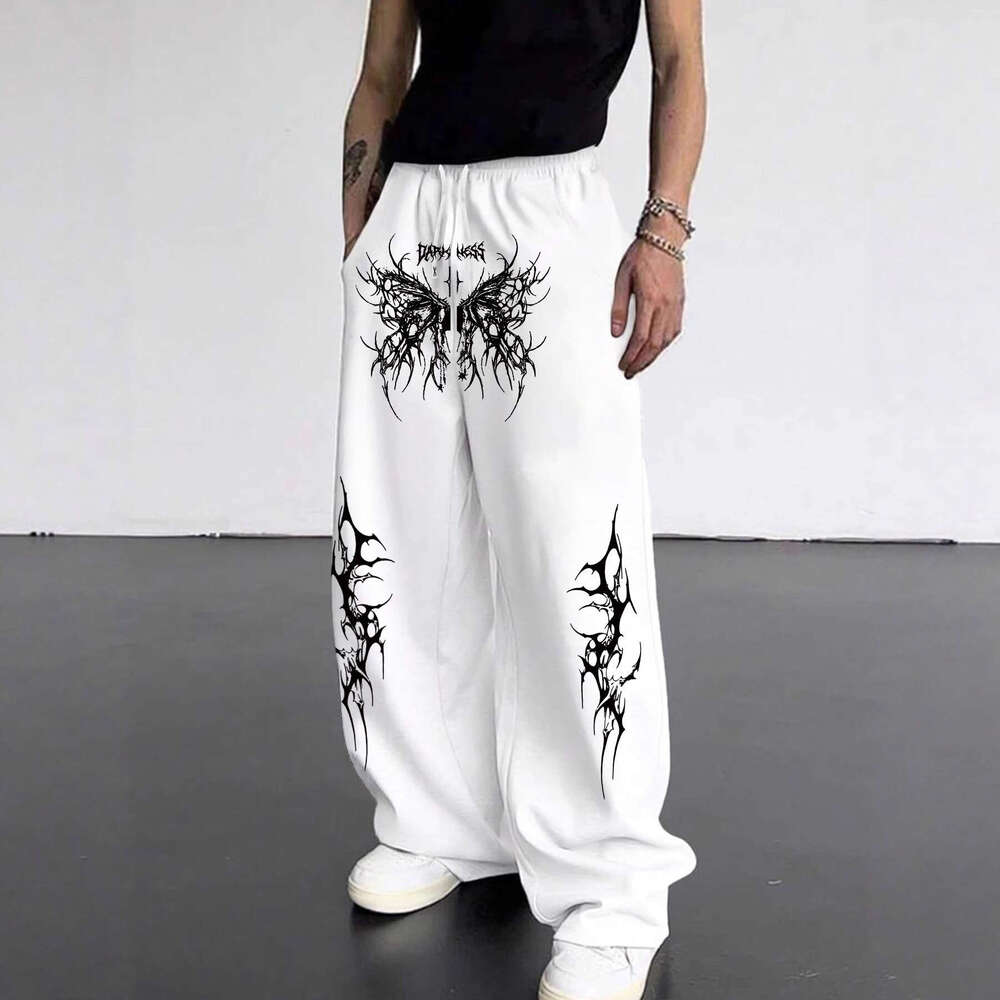 Spring And Autumn New Y2k Dark Gothic Print Loose Slimming Unisex Drawstring Sweatpants Wide Leg Joggers