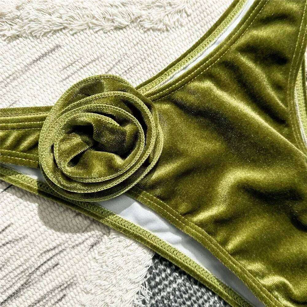 Sexy Green Velvet 3D Flower Swimwear Push Up Bikinis Sets Swimsuit 2026 Women Underwired Bathing Suit Thong Bikini Mujer Biquini XJ260206