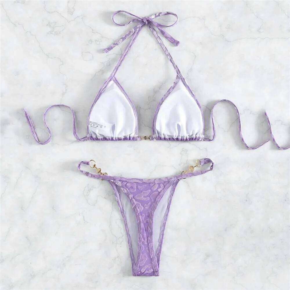 Purple Velvet Leopard Swimsuit Sexy String Halter Triangle Sets De Mujer Micro Thong Swimwear Women Bikinis Bathing Suit XJ260206