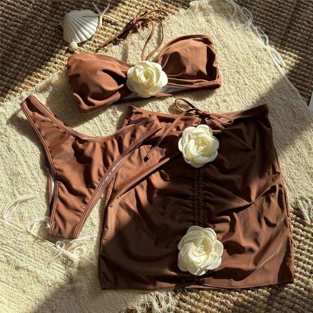 Sexy Black 3D Flower Bandeau Swimwear Skirts Cover Ups Thong 3 Piece Bikini Set 2025 Women Swimsuits Beachwear Bathers Bikinis XJ260206