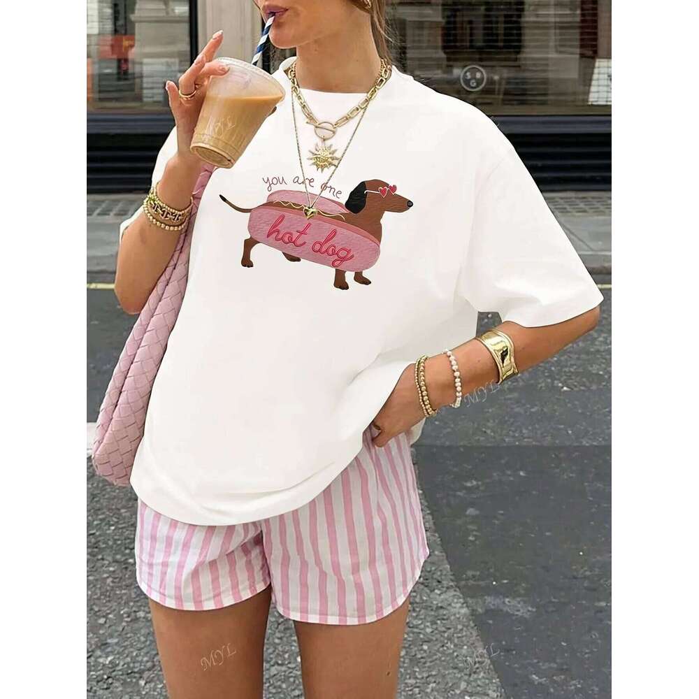 Cartoon Funny Dachshund Print Women's Casual Round Neck Fashionable White T-shirt Suitable for Women in Summer XJ260306