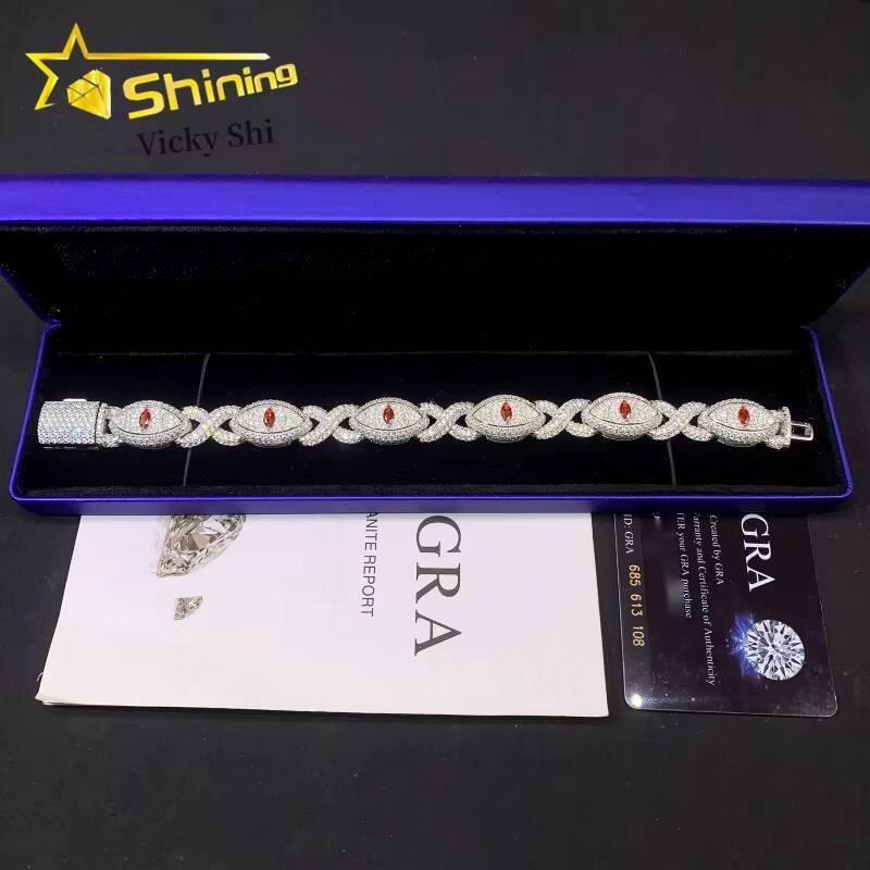 New Design S925 Silver Iced Out Moissanite Evil Eyes Cuban Link Bracelet Custom Men Full Diamond Hip Hop Cuban Bracelet