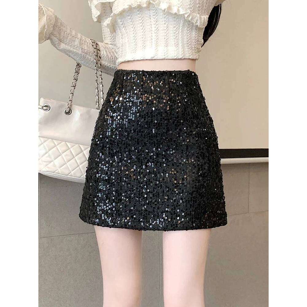Fashion Streetwear Mini Women's Skirts Y2K Autumn Winter A-Line Glitter Sequins Tweed Skirt Bodycon Wrap Black Pink Jupe Femme XJ260309