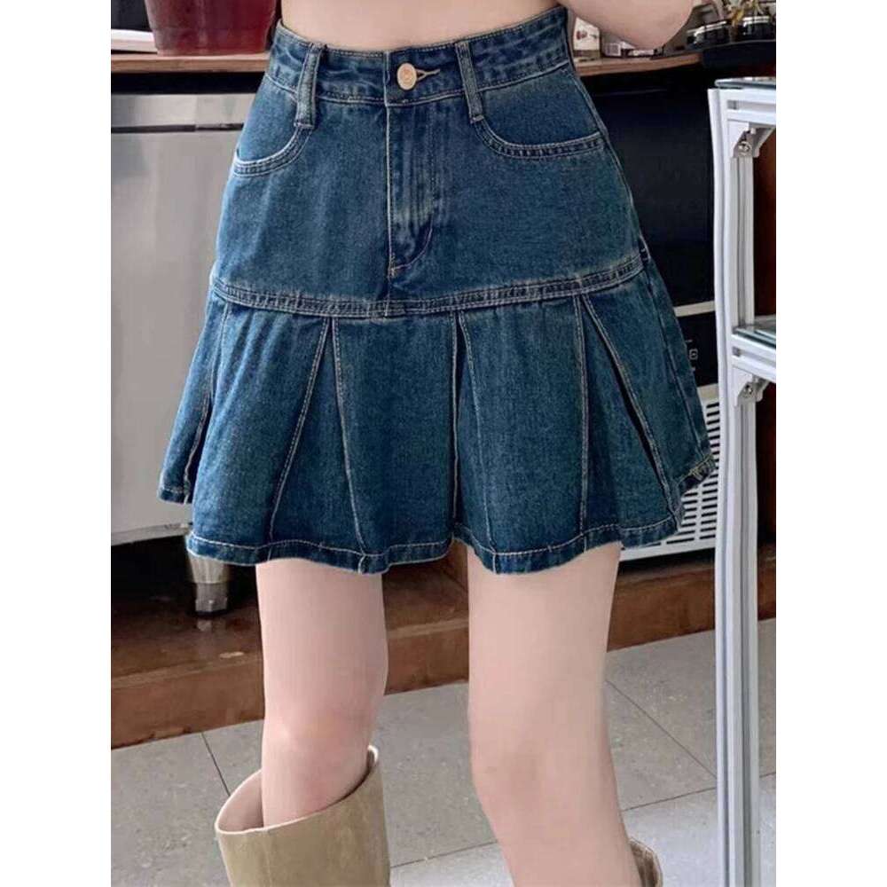 Women High Waist Korean Style Denim Pleated Female Elegant Ruched Dress Lady Blue A Line Mini Wrap Hips Skirts Large Size XJ260309