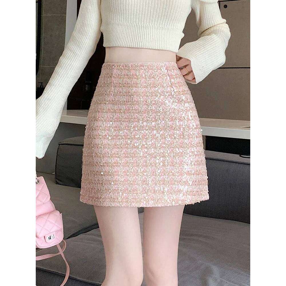 Fashion Streetwear Mini Women's Skirts Y2K Autumn Winter A-Line Glitter Sequins Tweed Skirt Bodycon Wrap Black Pink Jupe Femme XJ260309