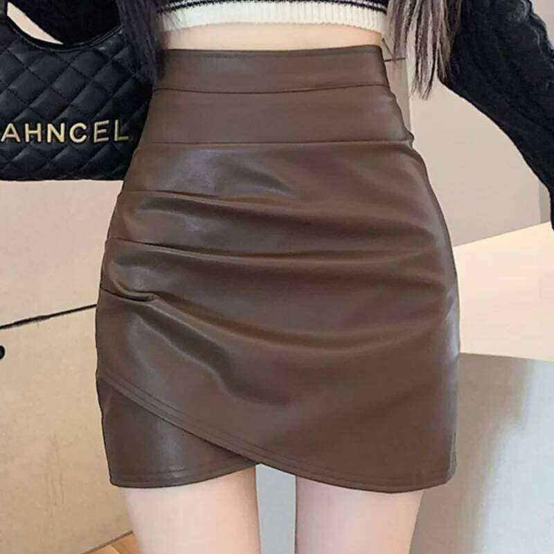 Office Lady Casual Women Autumn Winter Pu Leather Skirt Korean New Fashion Solid Coffee Irregular High Waist Slim Skirts 2024 XJ260309